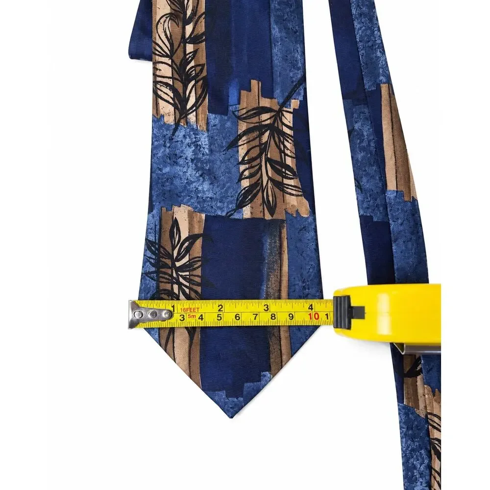 Vintage Farah 100% Silk Necktie Blue Tan Abstract Botanical Made in USA